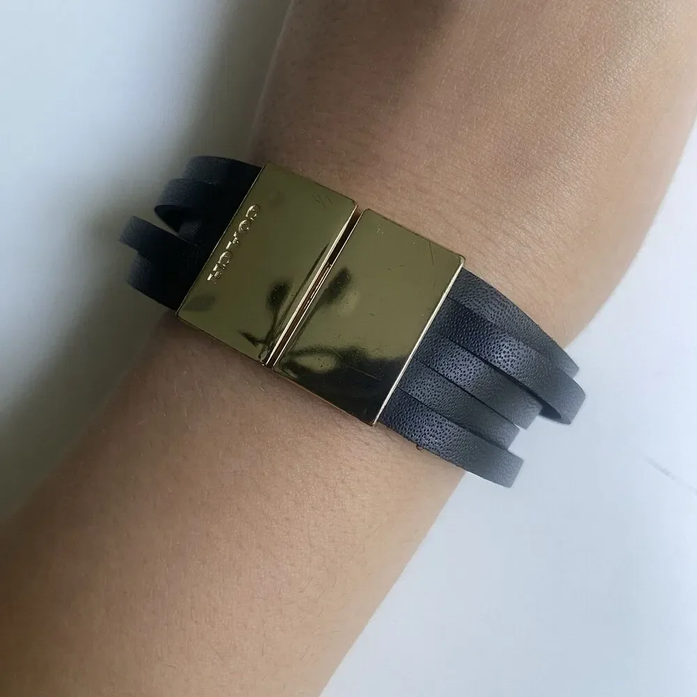 COACH Black Multi-Wrap Leather Bracelet Gold-Tone Hardware Band Bangle Jewelry